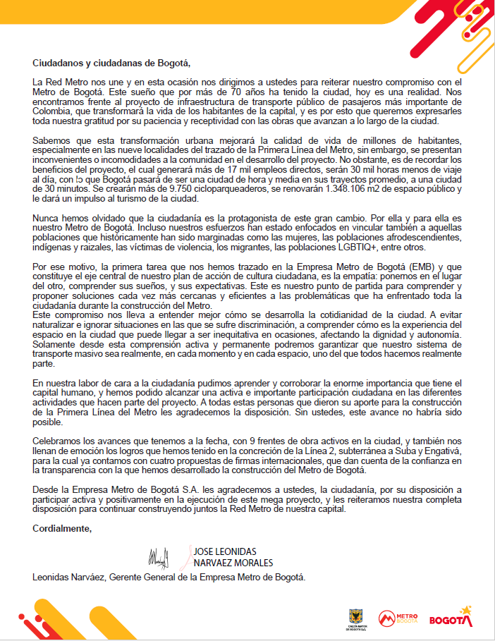 Carta de integridad firmada por el gerente general de la Empresa Metro de Bogotá