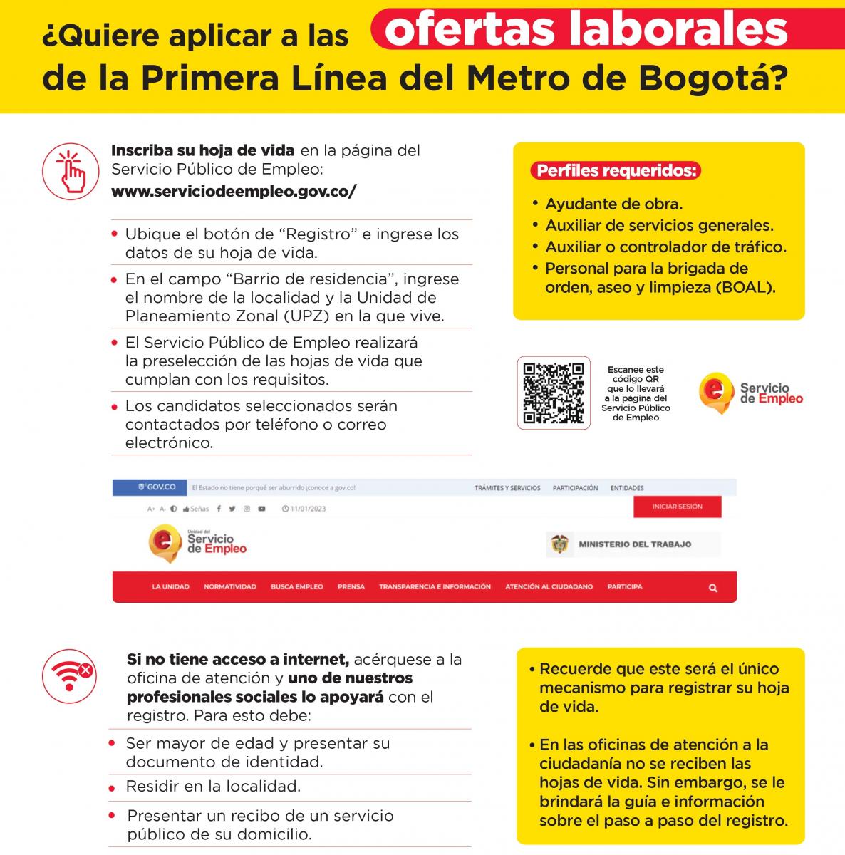 Afiche con la información de aplicación a ofertas de empleo con el Concesionario Metro Línea 1