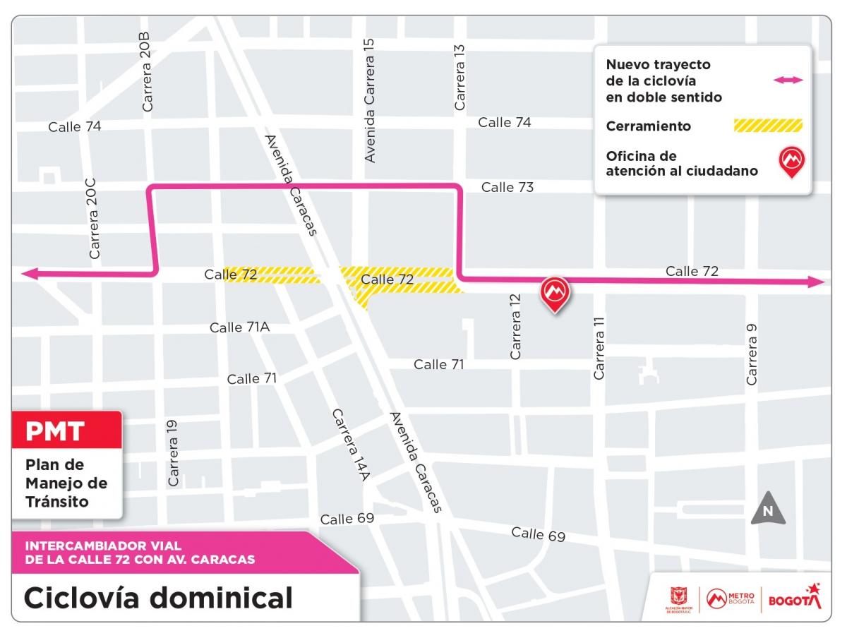 Mapa con el cambio de ruta para la ciclovía en la calle 72