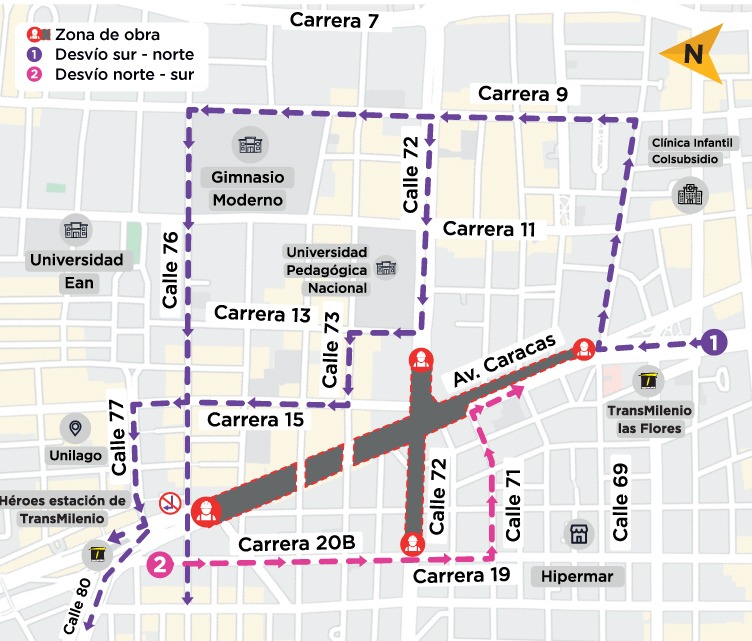 Mapa del cierre en la av. Caracas correspondiente al desvío norte-sur y al desvío sur-norte