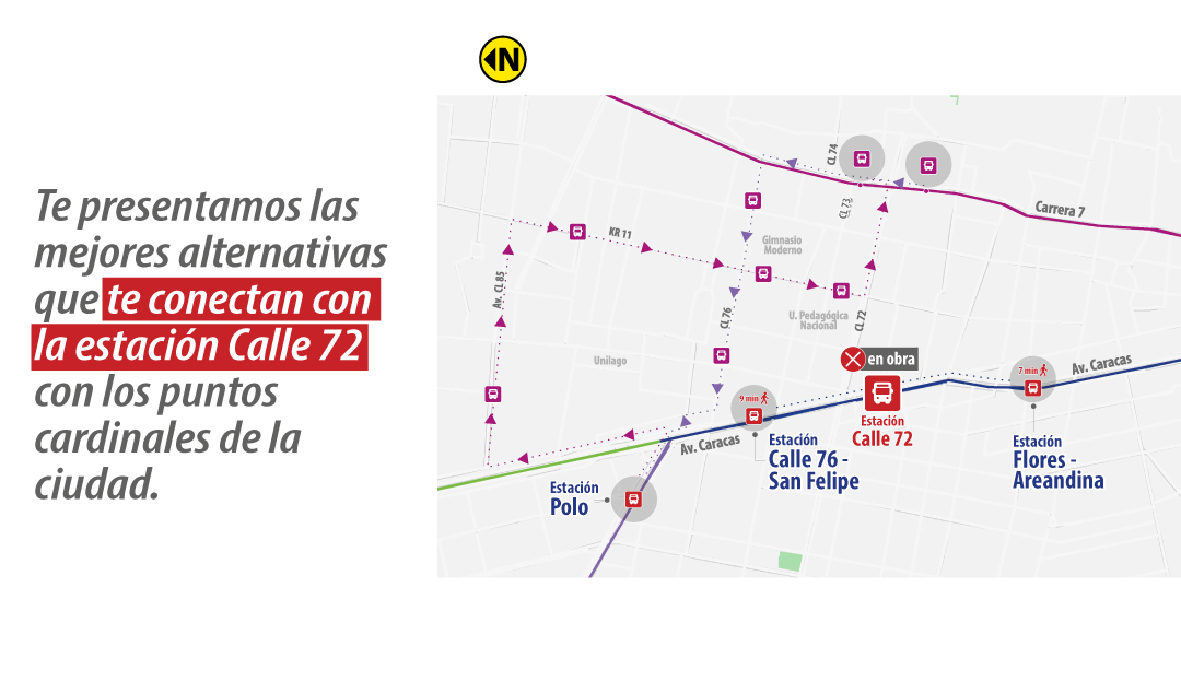 Mapa con las opciones de rutas troncales con el cierre de la estación Calle 72