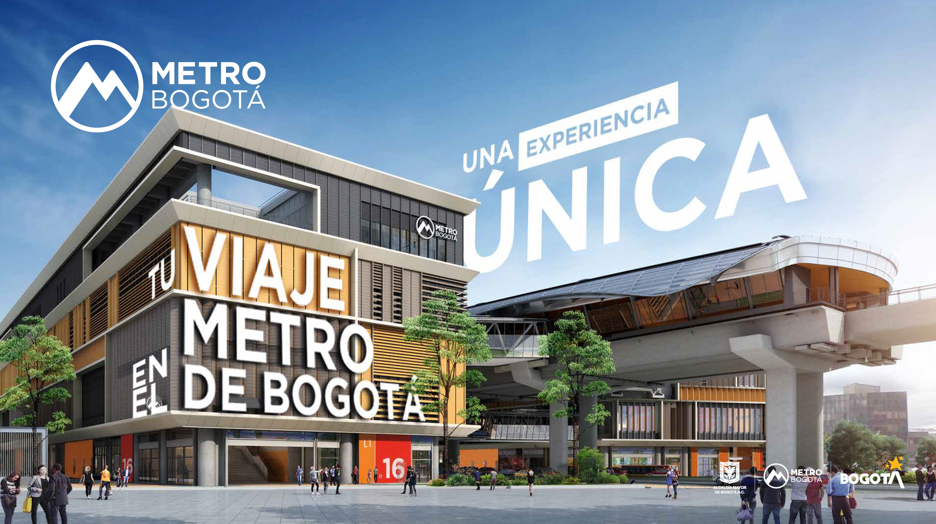 Render de la estación 16 del Metro de día, con un texto grande que dice: Tu viaje en el Metro de Bogotá, una experiencia única