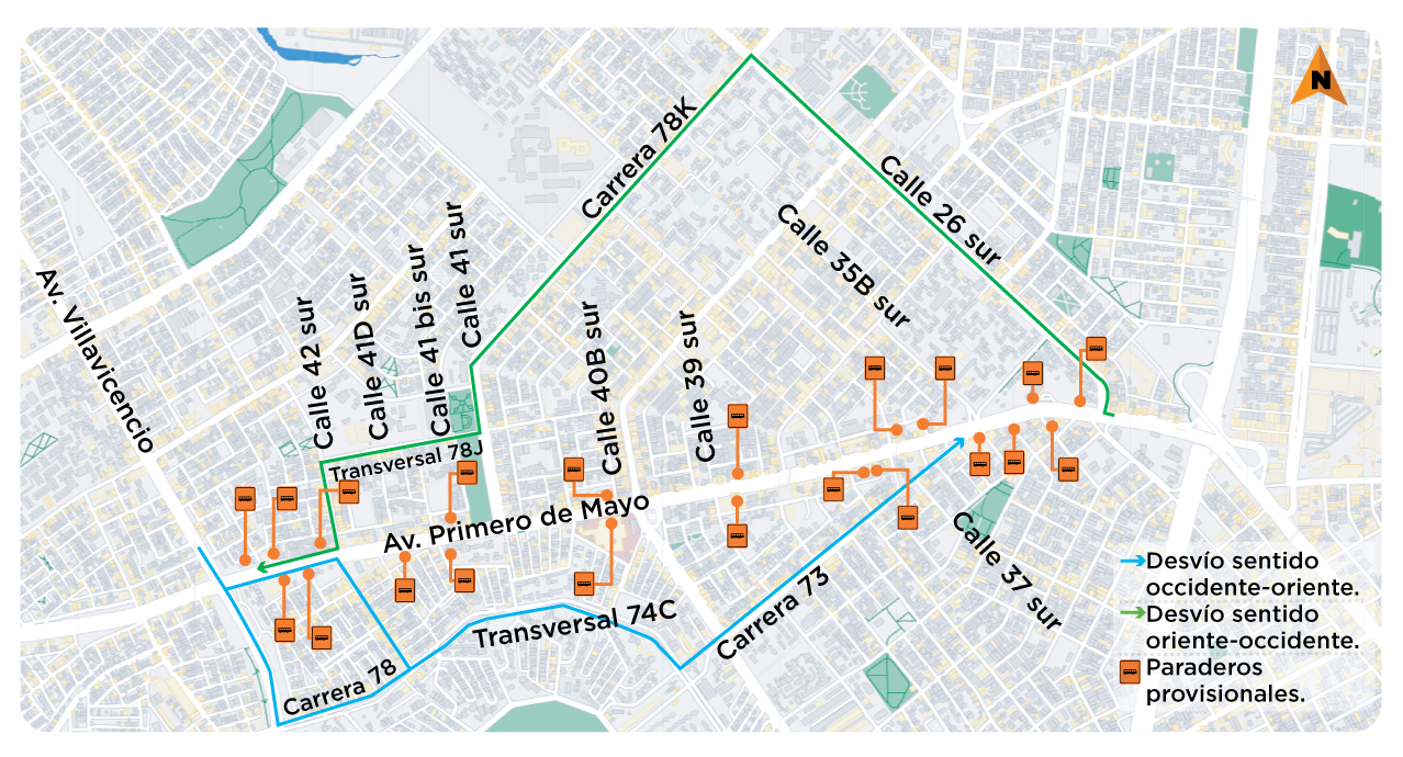 Desvíos para el tránsito particular y ubicación de los paraderos provisionales del SITP y de los buses intermunicipales.