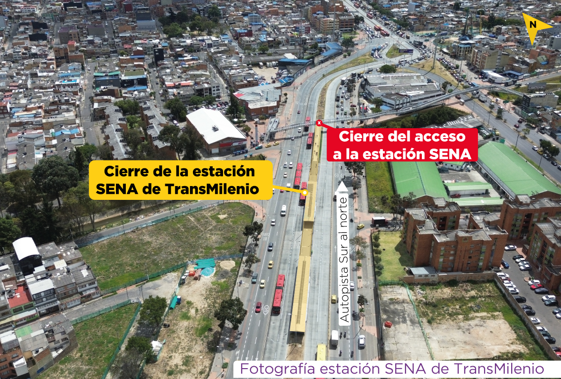 Foto aérea que muestra el cierre total de la estación SENA de TransMilenio, para dar paso a las obras de la Primera Línea del Metro de Bogotá 