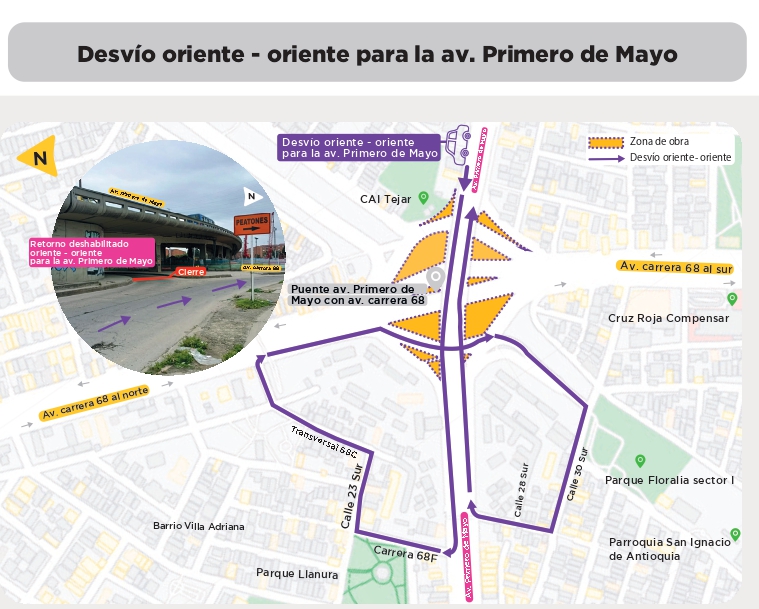 Mapa que muestra los cierres en el desvío oriente - oriente para la avenida Primero de Mayo