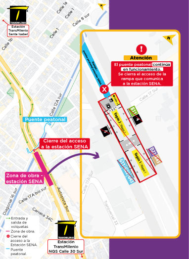 Mapa que muestra el cierre de rutas de TransMilenio en la estación SENA