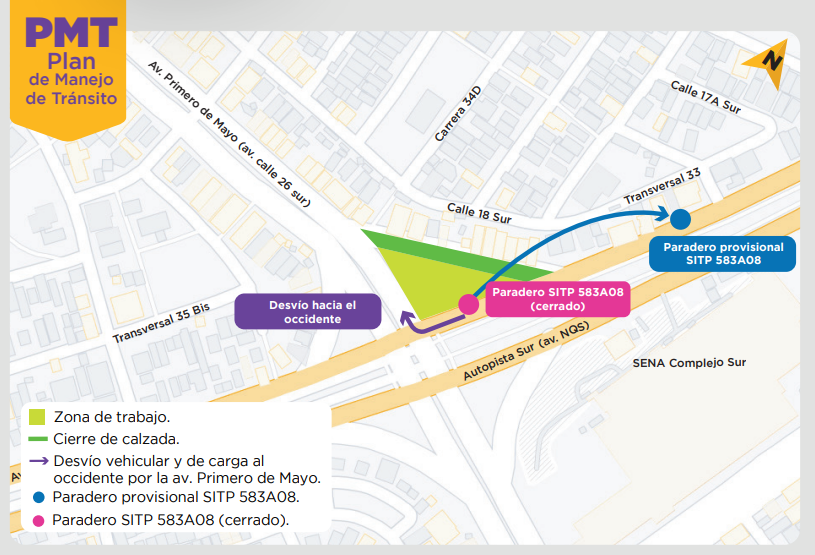Mapa del cierre en la conectante norte – occidente avenida NQS con avenida Primero de Mayo
