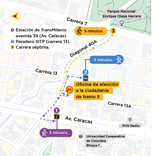 Mapa para llegar a la oficina de atención en el tramo 5