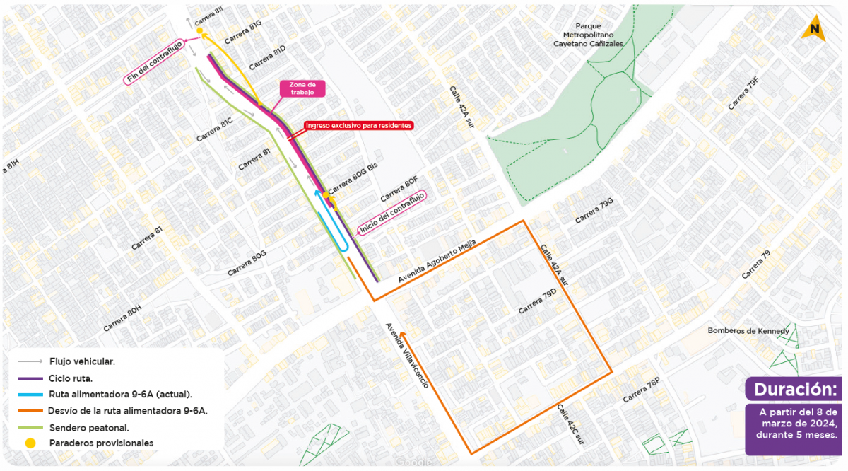 Mapa del cierre parcial en la calzada norte de la av. Villavicencio entre las carreras 80D y 81G