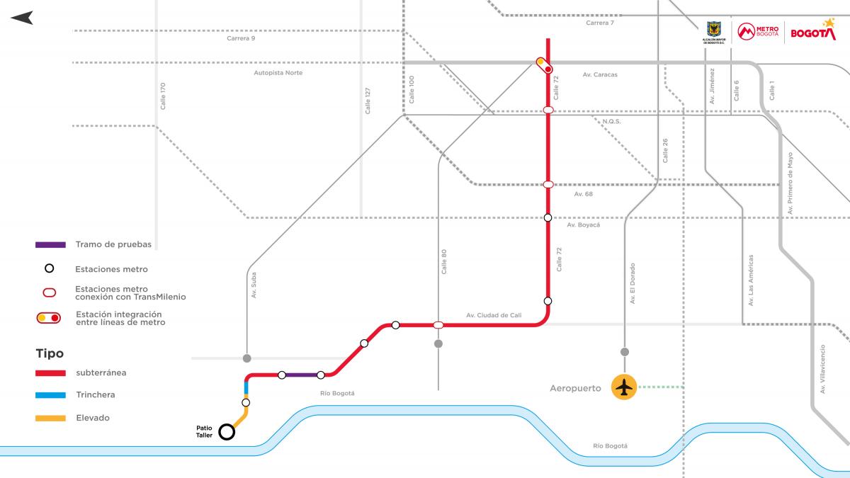 Mapa férreo de Bogotá con la Línea 2 del Metro resaltada