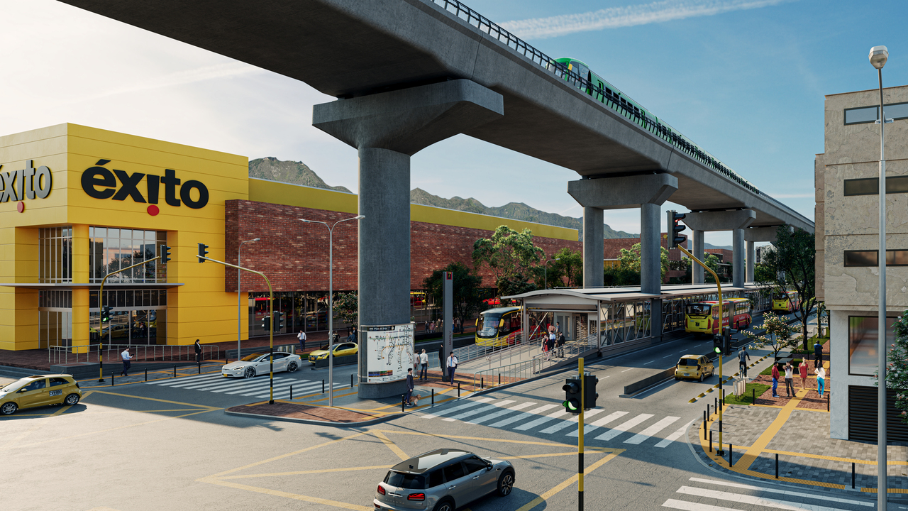 Render ilustrativo de la estación Marly de TransMilenio integrada con la Primera Línea del Metro de Bogotá.