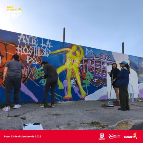 Jóvenes pintando un mural en una de las estaciones del Metro